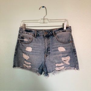 High waisted distressed denim shorts